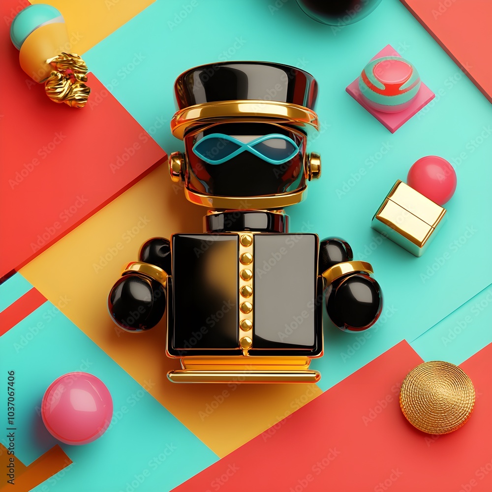 Poster golden robot with geometric shapes and colorful background