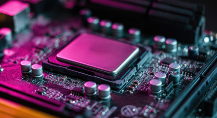 Closeup of a computer motherboard illuminated with pink neon light.
