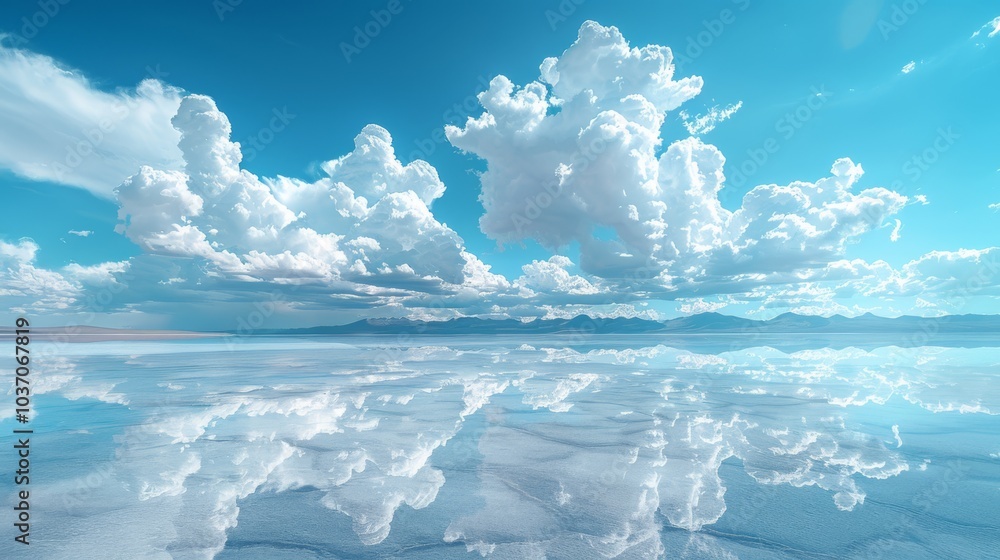 Poster expansive salt flats with a perfectly reflective surface, creating a surreal mirror effect with the 