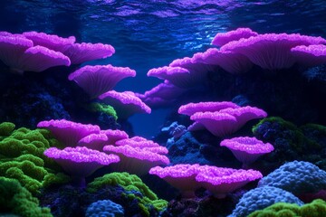 Obraz premium Enchanting Underwater Garden, Luminous Coral and Marine Life, Perfect for Nautical Decor Enthusiasts. Generative AI