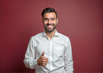 Obraz premium Cheerful Man with Thumbs Up Smiling Confidently Against Burgundy Background