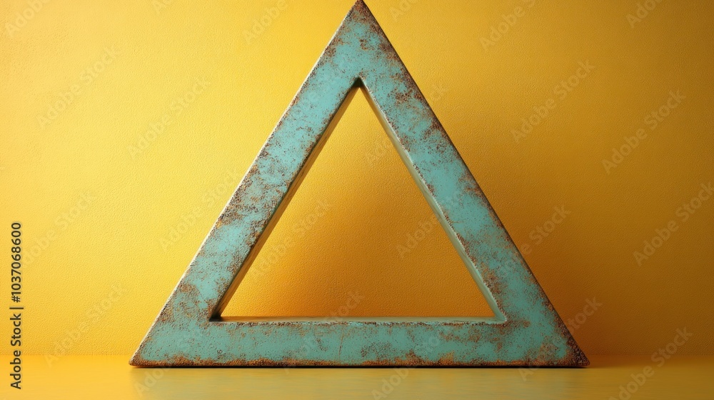 Poster a teal triangle with a rusty texture sits on a yellow background.