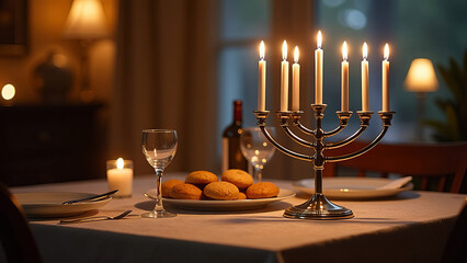 Hanukkah, menorah on table with treats, festive atmosphere, feast.