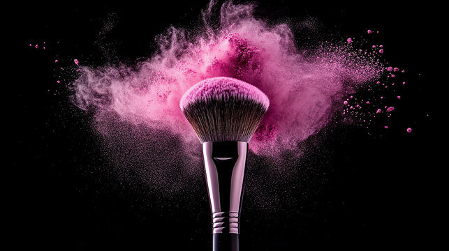 Brocha de maquillaje con explosi&oacute;n de polvo rosa, aislada sobre un fondo negro. Esta imagen representa el concepto de belleza y maquillaje.