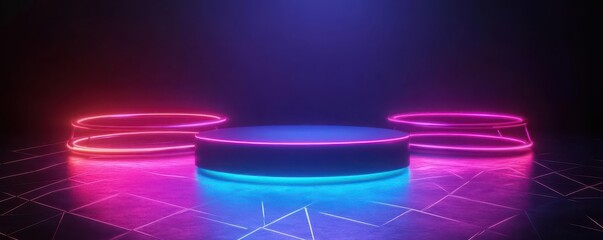 A vibrant and futuristic stage backdrop with neon lighting in pink and blue hues, set against a dark background, ideal for events or promotional visuals.