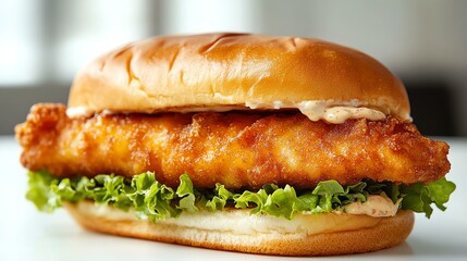 Crispy fried fish sandwich with lettuce and sauce on a toasted bun.