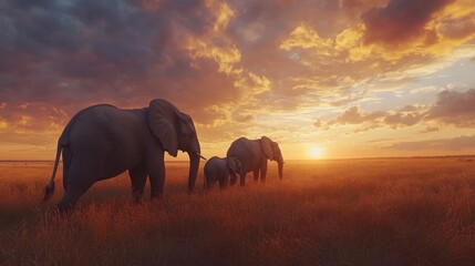 Majestic Elephants Gracefully Trekking Across the Golden Plains at Sunset: A Stunning Display of Nature's Beauty