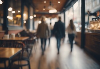 Fototapeta premium People in a busy cafe, blurred silhouettes and interior. Morning, coffee, tea, work, hot drinks, food
