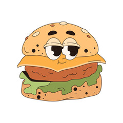 Funny cartoon burger with face. Vector cheeseburger pop art. Hamburger sign or food print. Junk or fast meal with cheese and meat, bun. Unhealthy lunch sticker. Poster print with comic mascot for menu