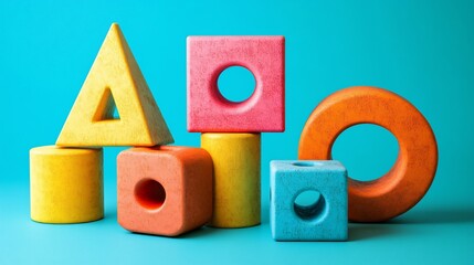 Colorful wooden toy blocks arranged in a creative pattern on a blue background.