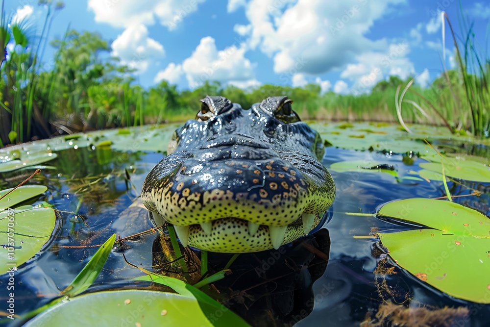 Aufkleber fish-eye lens effect of a crocodile with its snout near the camera - in a swamp with lily pads and r