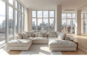 A spacious and bright living room featuring a large, cream-colored sectional sofa, large windows offering a stunning city view, and a cozy, modern atmosphere.