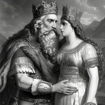 In a lush ancient setting David gazes intently at Bathsheba as they connect deeply. Their royal attire reflects the grandeur of the biblical era while their expressions convey a powerful bond.