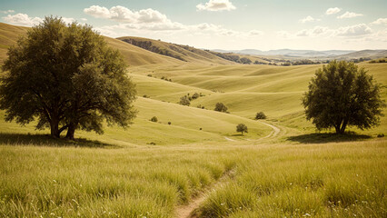Fototapeta premium A scenic rural landscape with rolling hills, grassy fields, and a winding dirt path. The background features a hazy blue sky with fluffy white clouds. The overall scene has a warm, earthy tone and a s