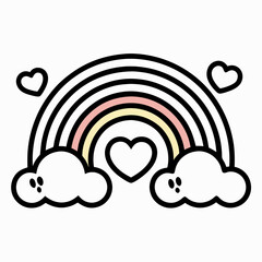 Arc-en-ciel de vecteur noir et blanc avec des nuages. Symbole de la Saint-Valentin. Élément drôle avec concept d'amour isolé sur fond blanc. Icône de ligne de vacances de février ludique
