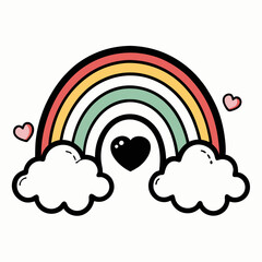 Arc-en-ciel de vecteur noir et blanc avec des nuages. Symbole de la Saint-Valentin. Élément drôle avec concept d'amour isolé sur fond blanc. Icône de ligne de vacances de février ludique
