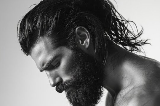 A man with long hair and a full beard poses thoughtfully against a plain background in a serene black and white portrait