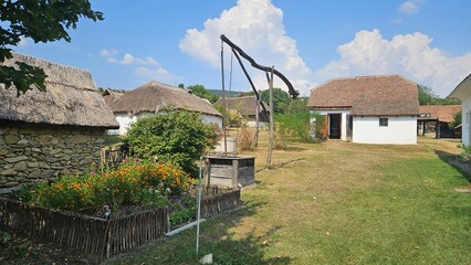 Traditional rural village with thatched roof houses and well