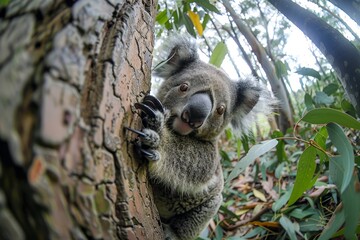 Fototapeta premium Fish-eye Lens Effect of a Koala Hugging a Tree - In an eucalyptus forest with leaves all around