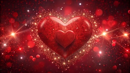 Glittering red heart on sparkling background.