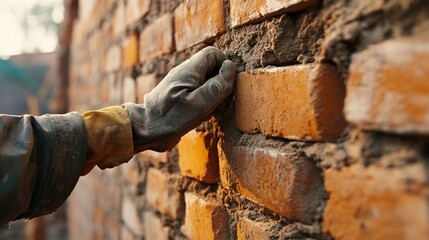 A Gloved Hand Applying Mortar to a Brick Wall