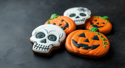 Closeup of Halloween cookies with pumpkins, skulls on a dark background. spooky-themed food photography concept.