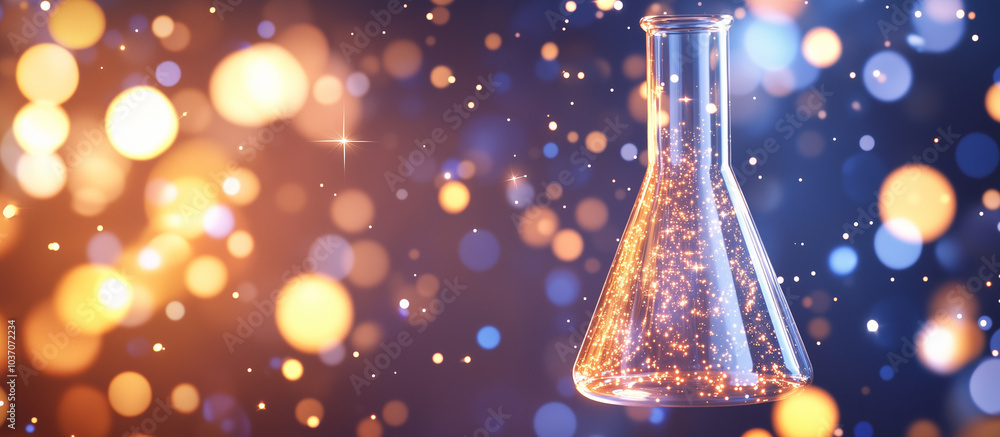 Poster glowing laboratory flask with suspension and sparkling background