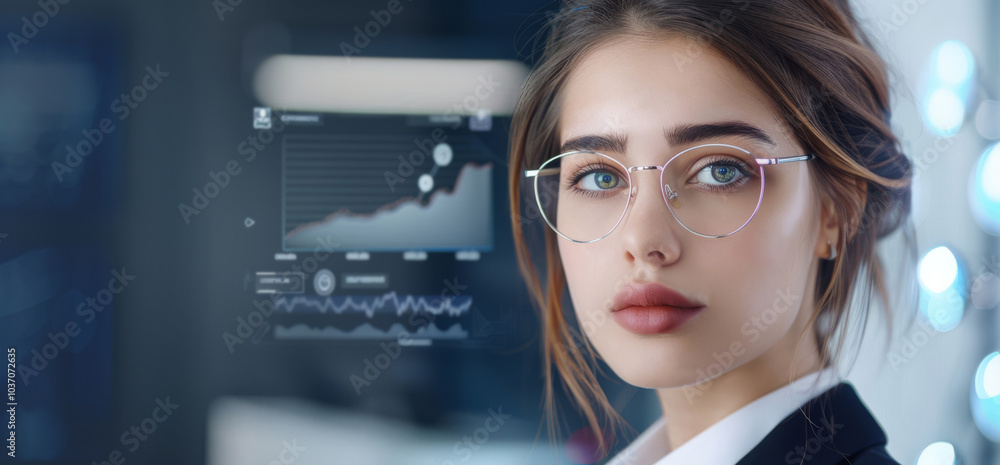 Poster woman with ai interface displaying biometric data in modern office