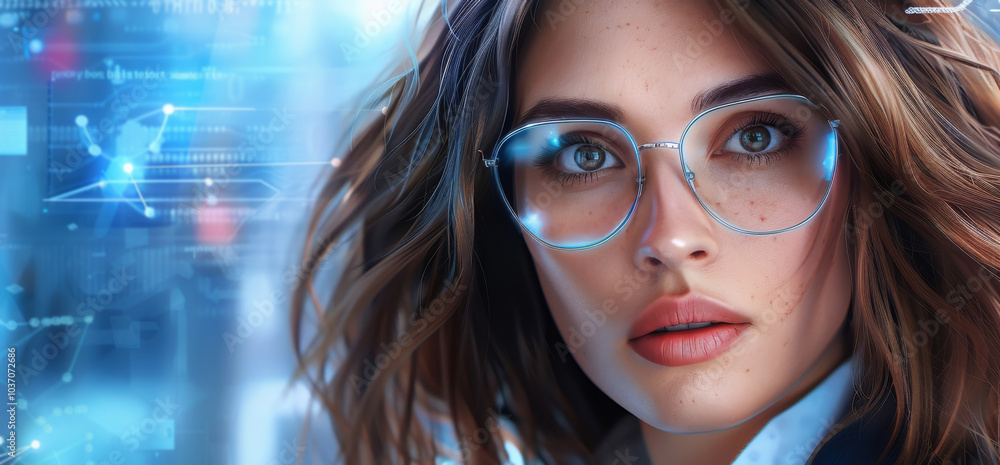 Poster woman with ai interface displaying biometric data in modern office