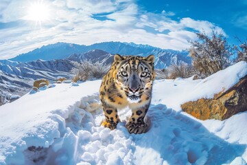 Fish-eye Lens Effect of a Snow Leopard in the Snow - In a mountainous, snowy landscape 