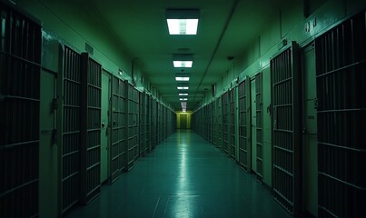 A long, empty prison corridor with barred cell doors on either side. The hallway is dimly lit by fluorescent lights overhead, casting long shadows.