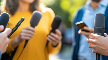 Woman Giving Interview to Journalists Outdoors