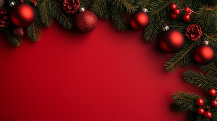 red christmas background with branches and decorations
