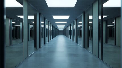 An endless corridor with mirrors reflecting infinite landscapes and skies