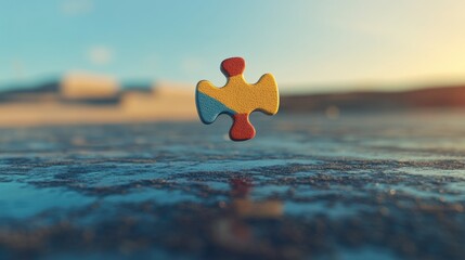 Fototapeta premium Colorful Puzzle Piece Floating Above Ground