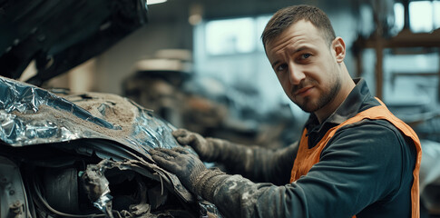 Naklejka premium An auto body repair specialist diligently repairs dents in your car's fenders, ensuring a flawless restoration. Concept Car Body Repair, Dented Fenders, Restoration, Flawless Finish, Specialized, Ai