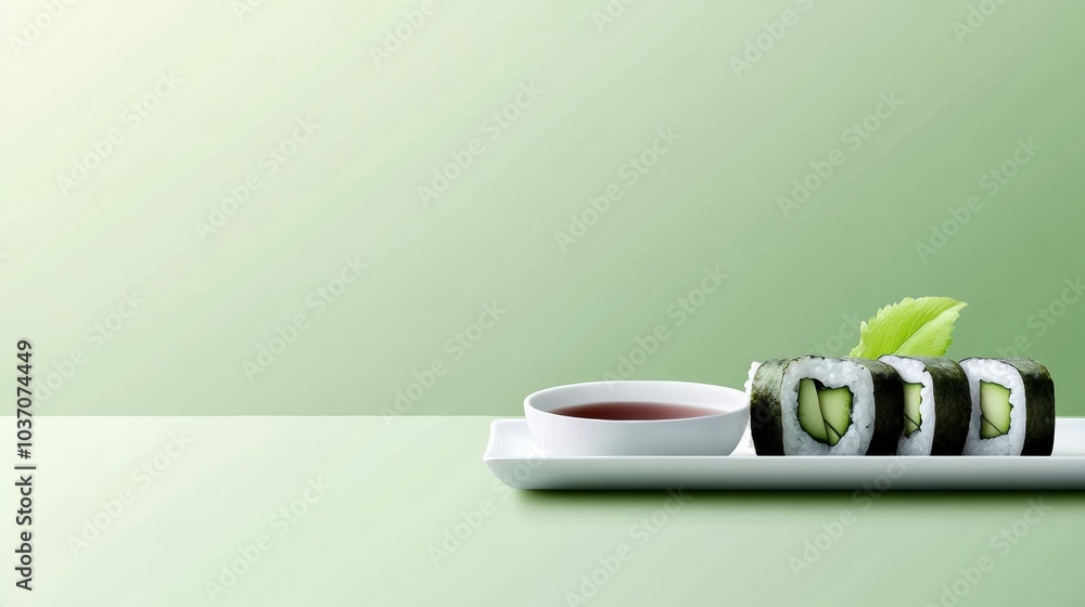 Poster savor a tasty japanese sushi roll filled with cucumber, accompanied by a bowl of soy sauce against a
