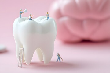 a white tooth with tiny people on ladders and brushes, a giant human molar in the background, soft pink color palette