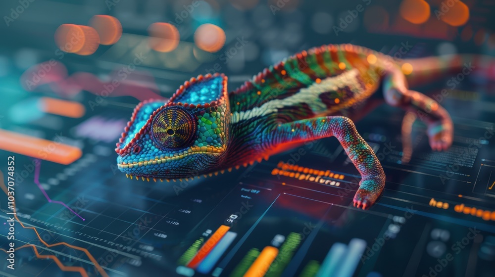Poster adaptable chameleon on digital analytics interface for business flexibility concepts