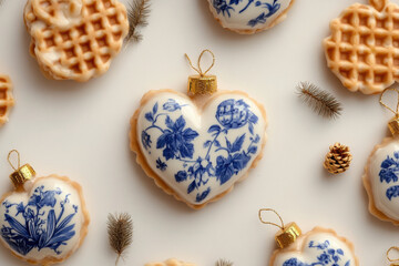 Delftware ceramic ornaments in the shape of hearts with soft gold accents, surrounded by small waffles