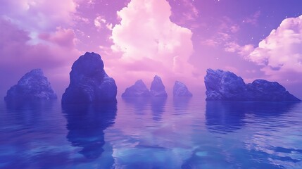 A tranquil ocean with islands floating in the air beneath a violet sky