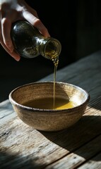 Pouring olive oil into a bowl.