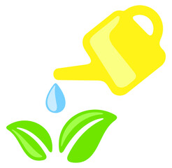 Watering can pours water on leaves. Plant, agriculture, garden, tools and irrigation, illustration