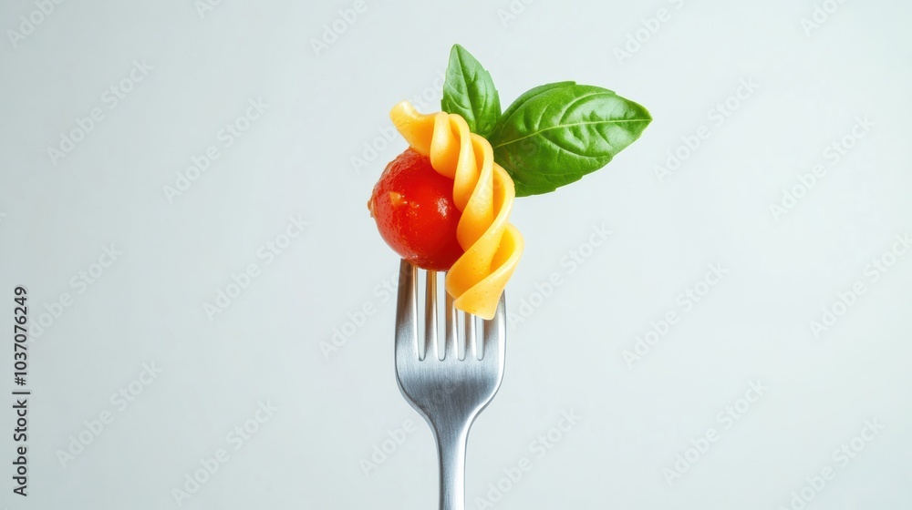 Poster a fork holds a twist of italian pasta, ripe tomato, and a fresh basil leaf, creating a tempting and 