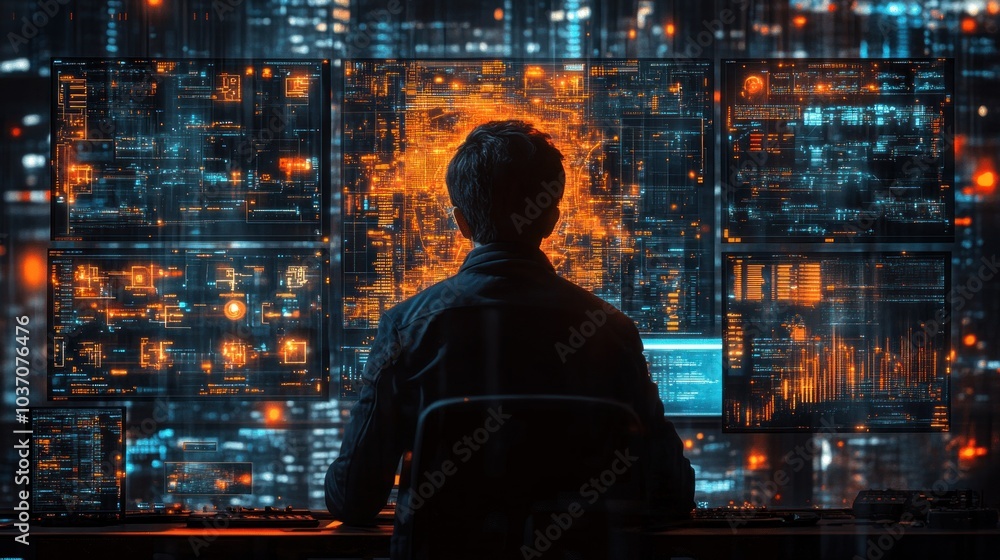 Poster a person sits in front of a wall of monitors displaying data and information.