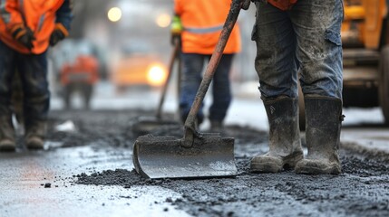 Construction Workers Laying Asphalt on a City Street