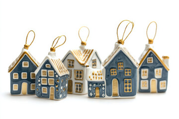Christmas little ceramic houses, winter decoration, ceramic houses. Atmospheric Christmas scene, miniature holiday village. Xmas background. Christmas tree decorations. Ceramic ornaments
