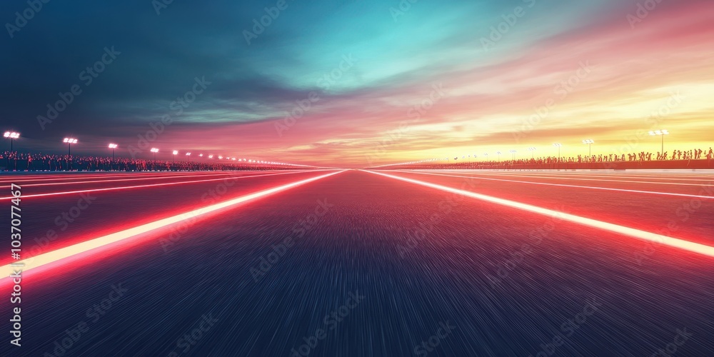 Poster dynamic view of a road with glowing lines at sunset, creating a sense of motion.