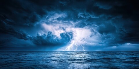 Fototapeta premium Dramatic stormy sky over the ocean with lightning illuminating the clouds.