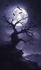 Fototapeta premium A gnarled tree against a full moon.